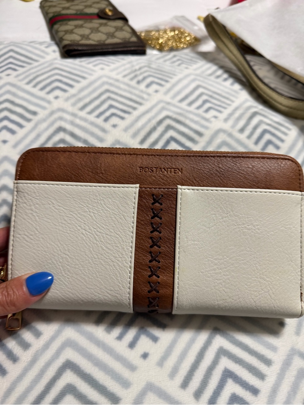 Bostanen RFID White and Brown double zip Full Capacity Wristlet Wallet - Picture 9 of 16